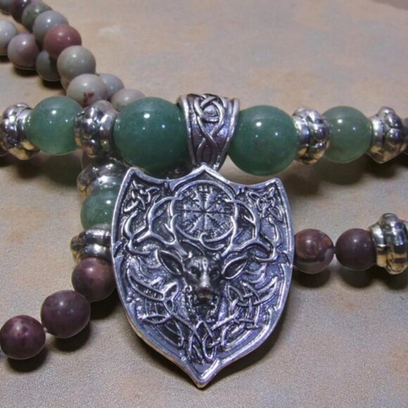 NEW Handmade Stag Deer Necklace with Green and Brown Gemstone Beads. - Picture 4 of 7